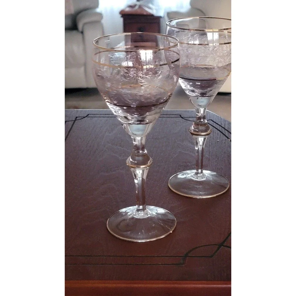 Vintage Crystal Wine Glasses Gold Etched & Banded Stemware Set/2